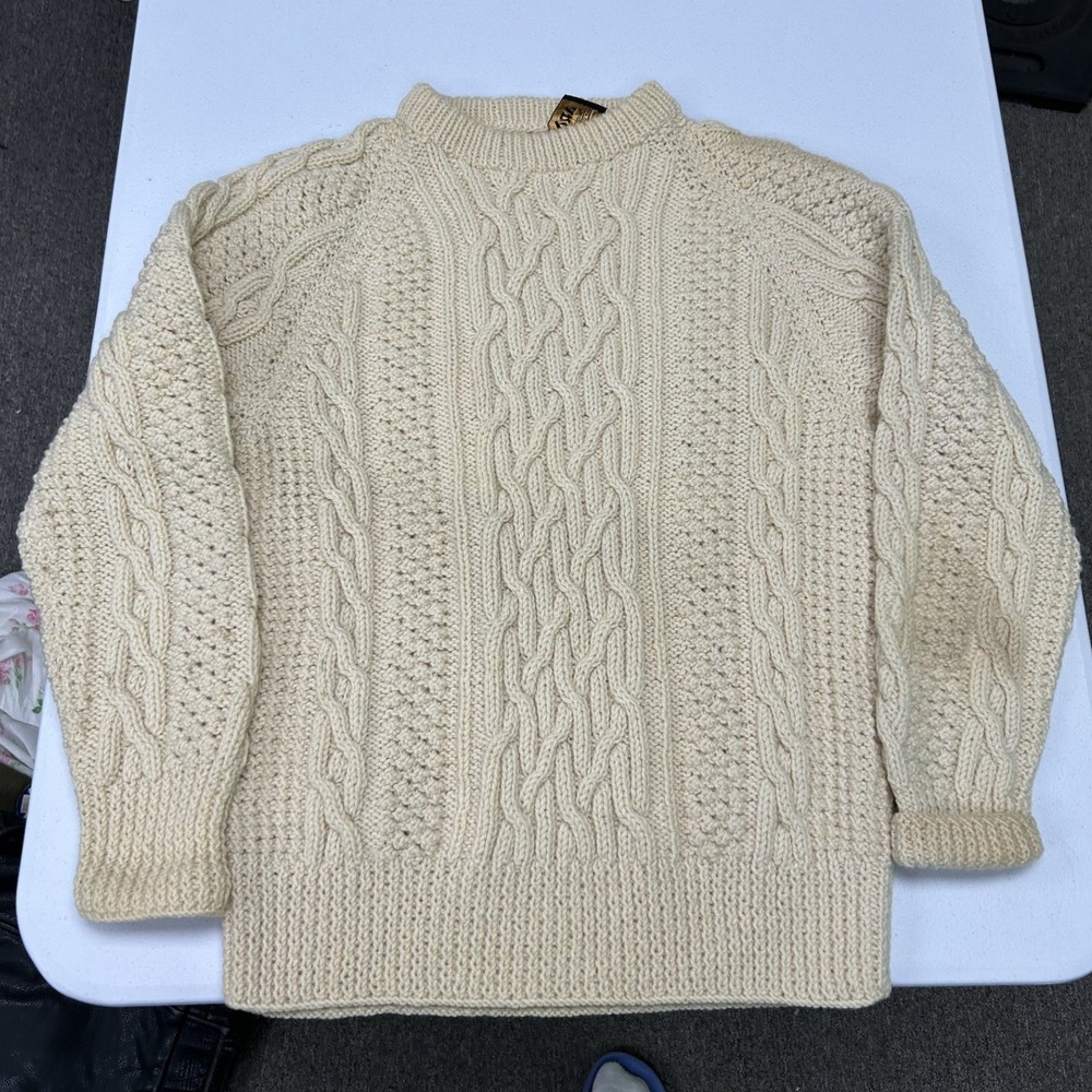 ireland Aran Knit Sweater Mens M Cream Wool Cable Fisherman Pullover